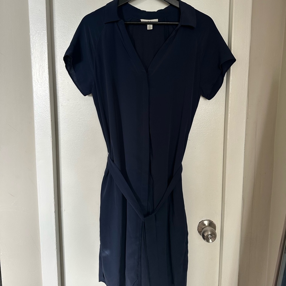 Halston Heritage Navy Short Sleeve Tie-Waist Midi Dress